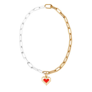 pixelated spinning heart mixed metal mega necklace stack